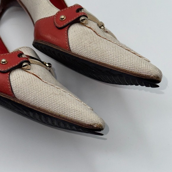 Gucci Womens Pumps US 8.5 B Gray Red Canvas Horsebit Pointed Toe Kitten Heel - Picture 11 of 13